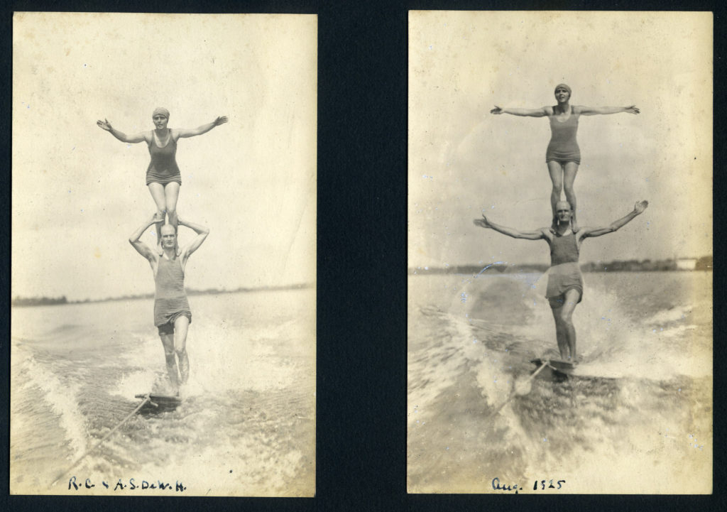 Two images of a woman standing on a man's shoulder while aquaplaning, or being towed behind a boat on a small board. Aquaplaning was a precursor to modern waterskiing.
