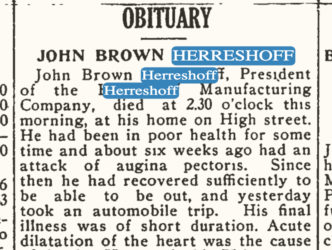 Photo of John Brown Herreshoff's obituary from the Bristol Phoenix, July 20 1915.