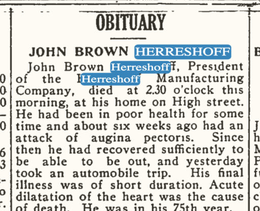 Photo of John Brown Herreshoff's obituary from the Bristol Phoenix, July 20 1915.