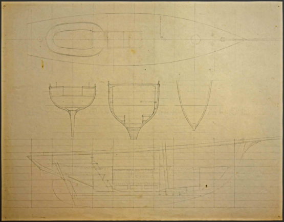 N.G.H. penciled drawing, with sectional views, of a preliminary, clipper-bow CONSUELO