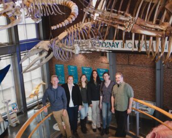 The research team on a “field trip” to the New Bedford Whaling Museum, which holds several hundred whaling logbooks in its archives. From left to right: Justin Buchli, Caroline Ummenhofer, Cali Pfleger, Sujata Murty, Abigail Field, and Timothy Walker. (Photo courtesy of New Bedford Whaling Museum)