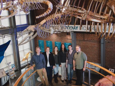 The research team on a “field trip” to the New Bedford Whaling Museum, which holds several hundred whaling logbooks in its archives. From left to right: Justin Buchli, Caroline Ummenhofer, Cali Pfleger, Sujata Murty, Abigail Field, and Timothy Walker. (Photo courtesy of New Bedford Whaling Museum)