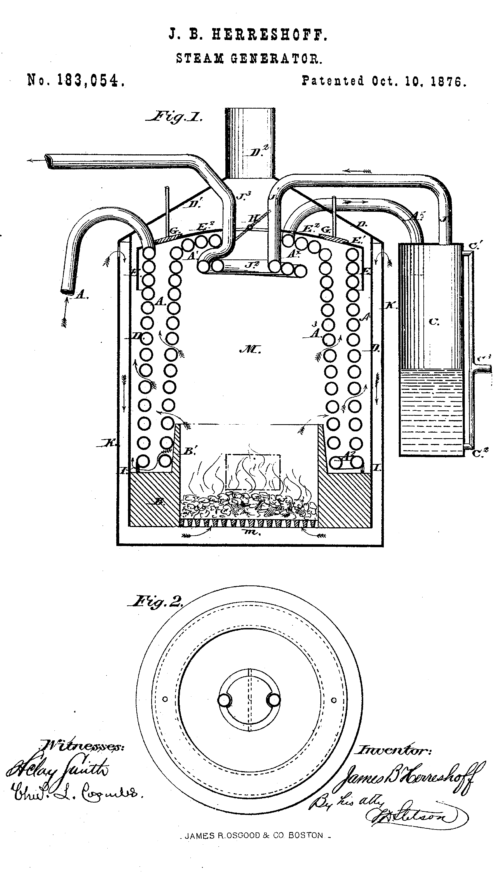 hand drawn Patent Drawing of a steam generator. Inventor signature includes James B Herreshoff