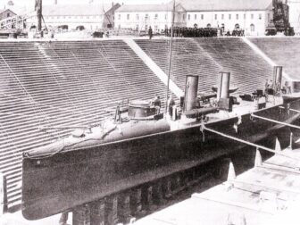 16-2 PORTER bow view in dry dock at Brooklyn Navy Yard. (Image scanned from Building The Mosquito Fleet: The U.S. Navy's First Torpedo Boats, by Richard V. Simpson)