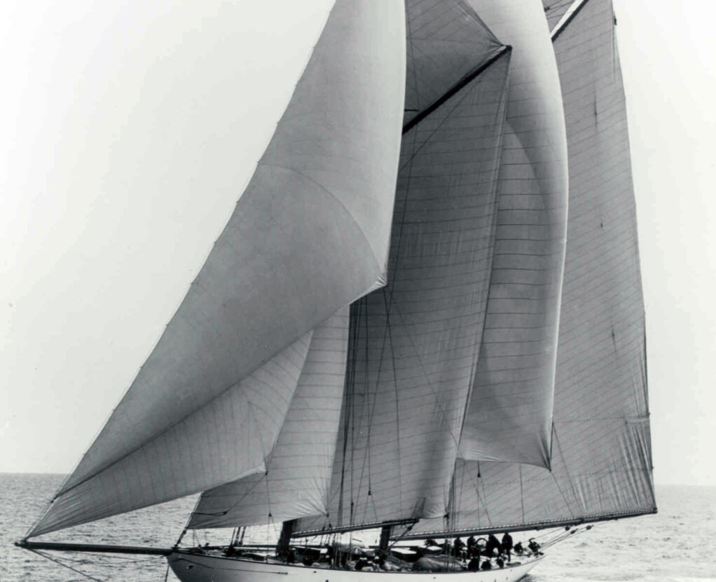 historic, black and white photo of INGOMAR under sail