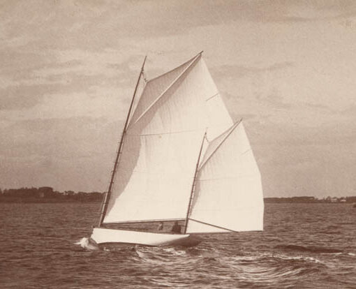 Clara. [Inscription on verso by Nathanael G. Herreshoff. The photo shows NGH and his wife Clara onboard the family cat-yawl Clara. Clara is carrying the novel batten sail which was exchanged against a more conventional gaff sail on August 25, 1890.]